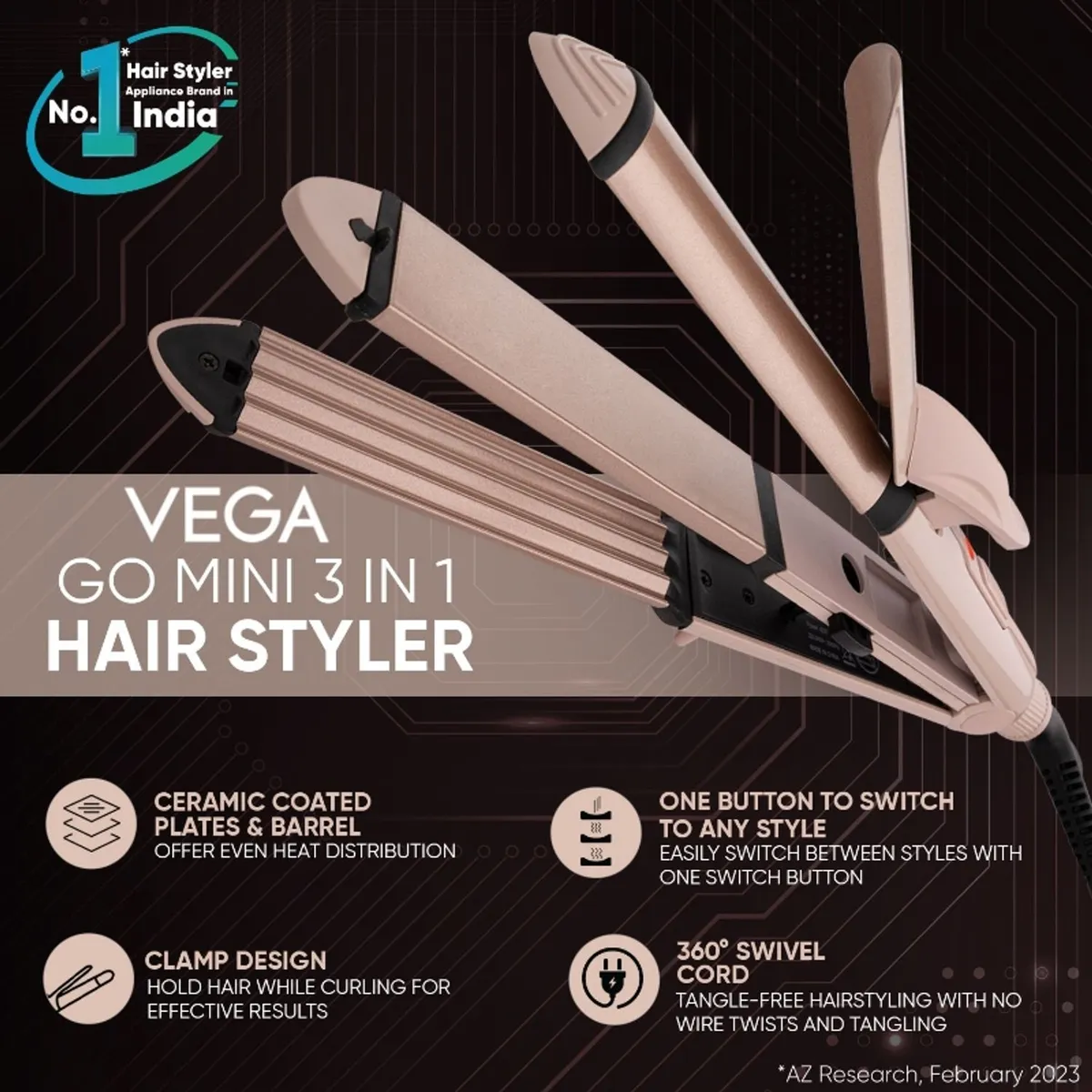VEGA Mini 3 in 1 Hair Styler- Mini Hair Straightener, Crimper & Curler for Women, (VHSCC-07) (377 g)