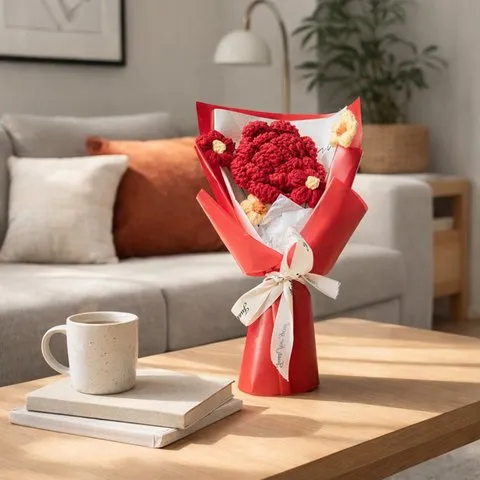 Rooted Red Rose with Daisies Crochet Flower Bouquet image 5