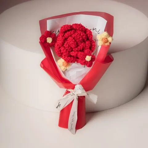 Rooted Red Rose with Daisies Crochet Flower Bouquet image 6