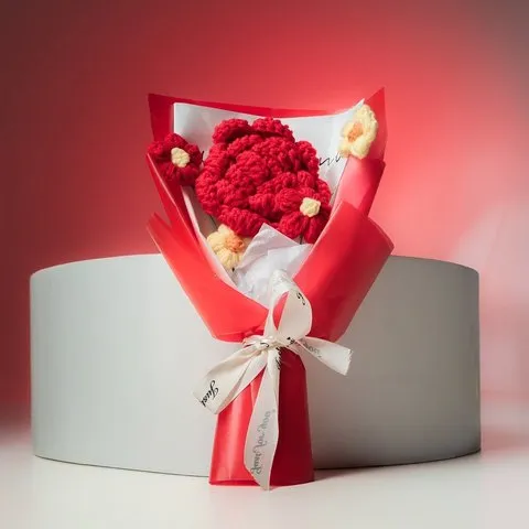 Rooted Red Rose with Daisies Crochet Flower Bouquet