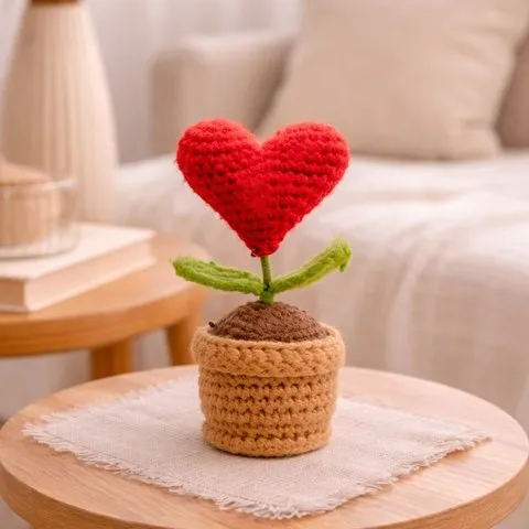 Rooted Scarlet Red Heart Crochet Flower Pot image 3