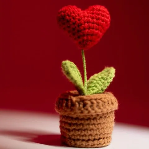 Rooted Scarlet Red Heart Crochet Flower Pot image 5
