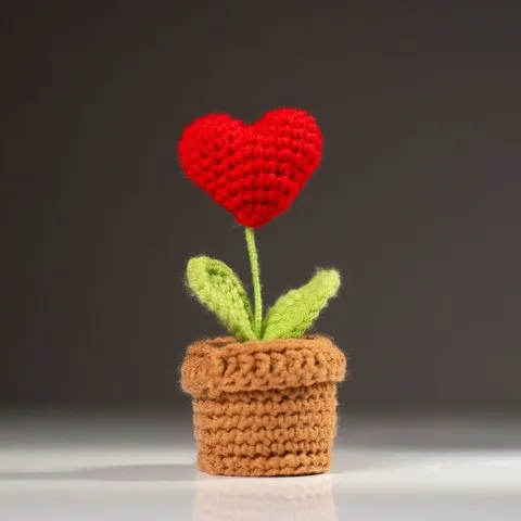 Rooted Scarlet Red Heart Crochet Flower Pot image 6