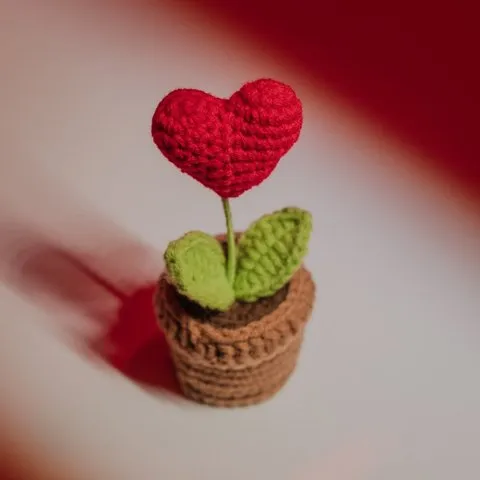 Rooted Scarlet Red Heart Crochet Flower Pot