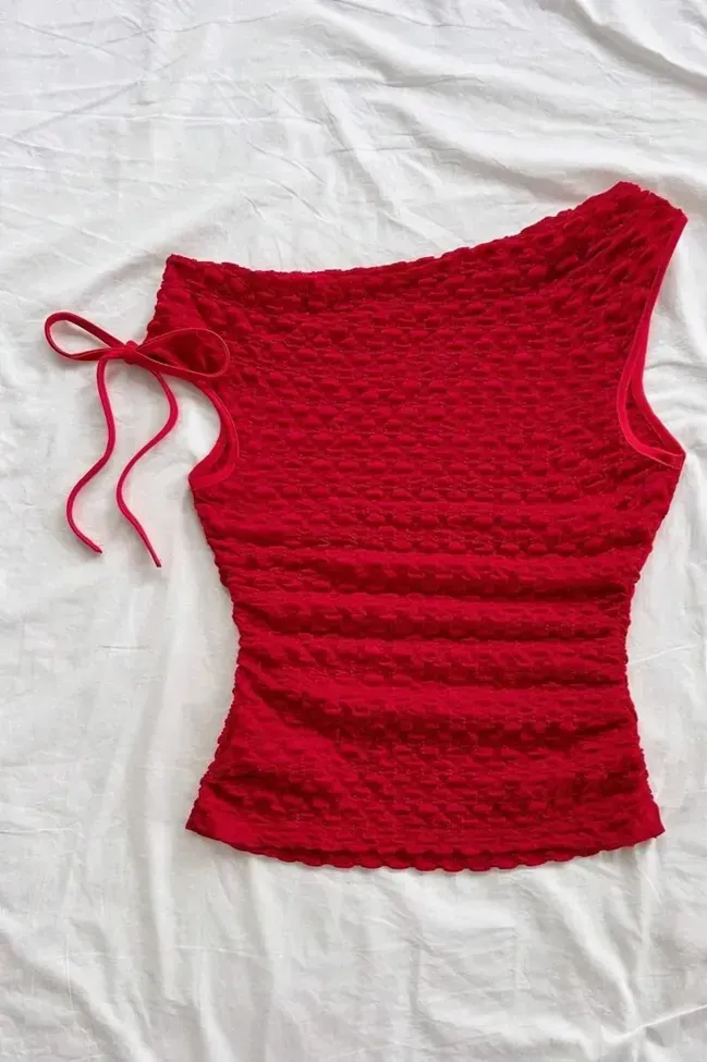 Red Textured One-Shoulder Top image 4