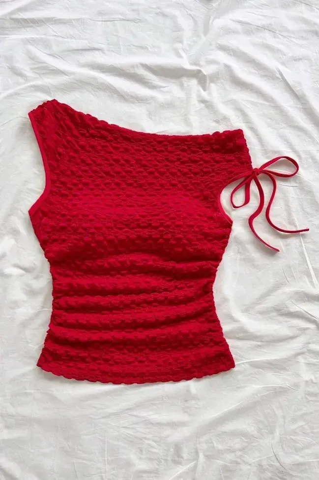 Red Textured One-Shoulder Top image 5