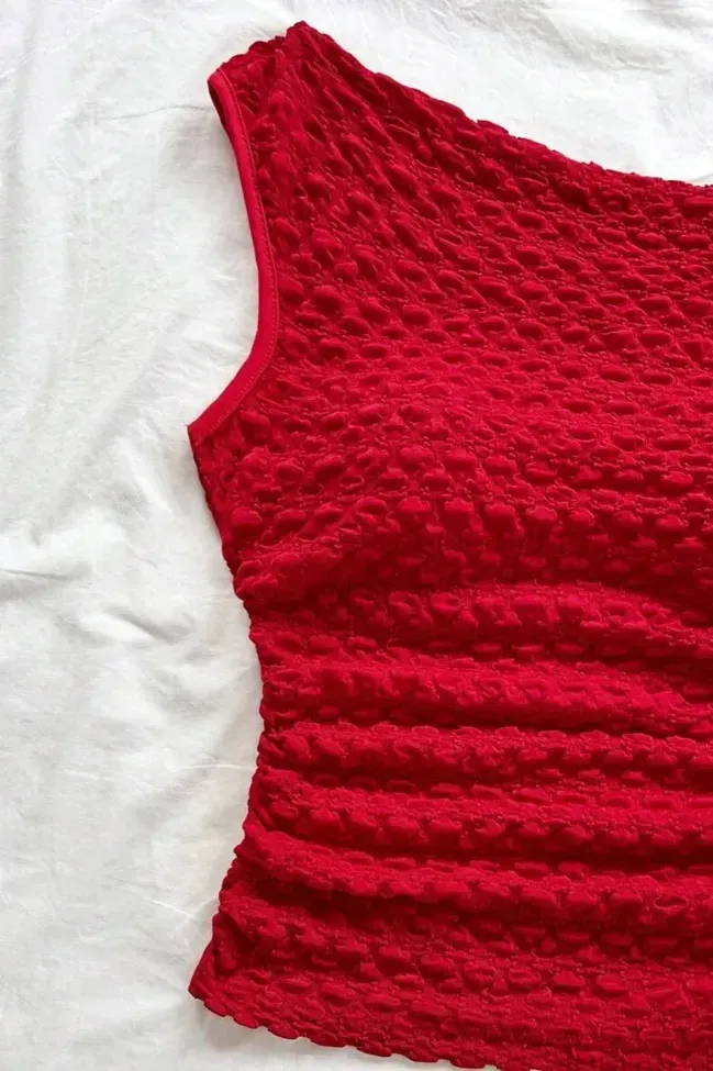 Red Textured One-Shoulder Top image 6