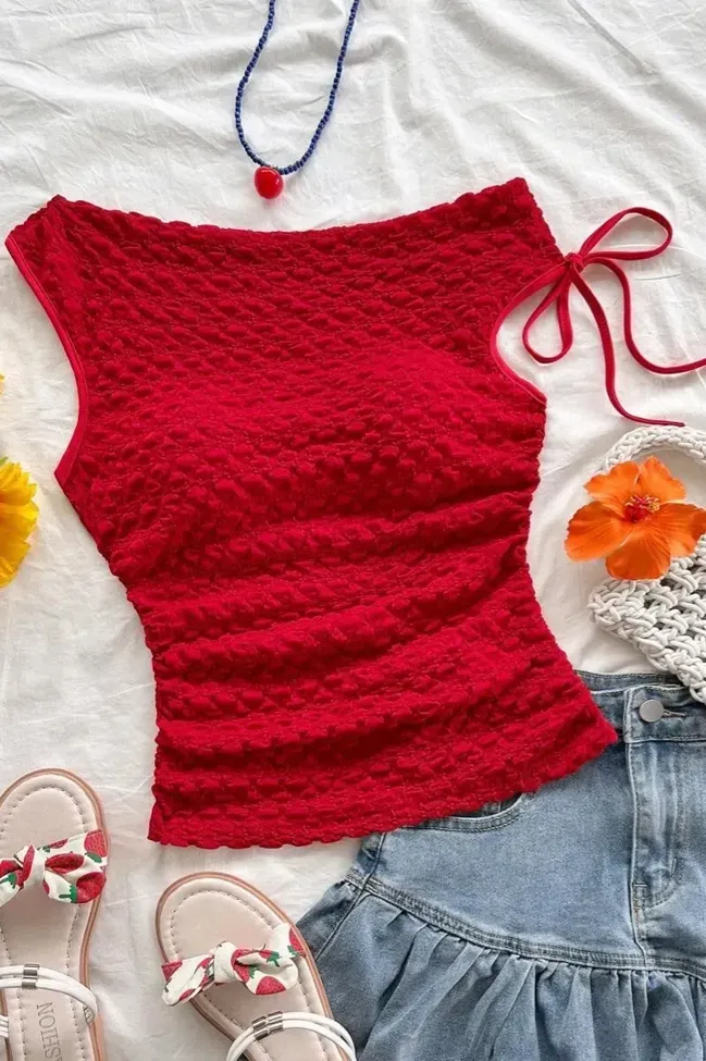 Red Textured One-Shoulder Top image 1