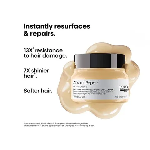 L'Oréal Professionnel Absolut Repair Shampoo & Mask for Dry & Damaged Hair - 300ml+250ml | Professional Routine for Strenghthening & Repairing Hair, Protein & Omega-9, For Men & Women image 7