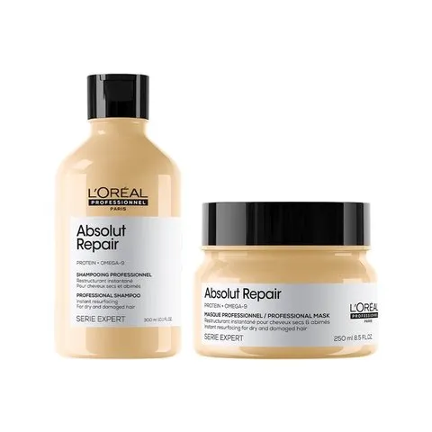 L'Oréal Professionnel Absolut Repair Shampoo & Mask for Dry & Damaged Hair - 300ml+250ml | Professional Routine for Strenghthening & Repairing Hair, Protein & Omega-9, For Men & Women image 1