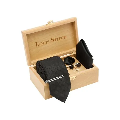 Louis Stitch Men Italian Silk Neck Tie Set (Black, Raw Silk)