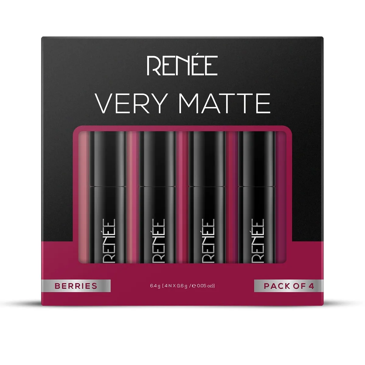 RENEE Very Matte Pack of 4 Matte Lipsticks - Berries, Intense Color Pay Off, Full Coverage, Long Lasting & Weightless, Easy Glide Formula With Velvety Finish, Suitable for All Occasion & Gifting