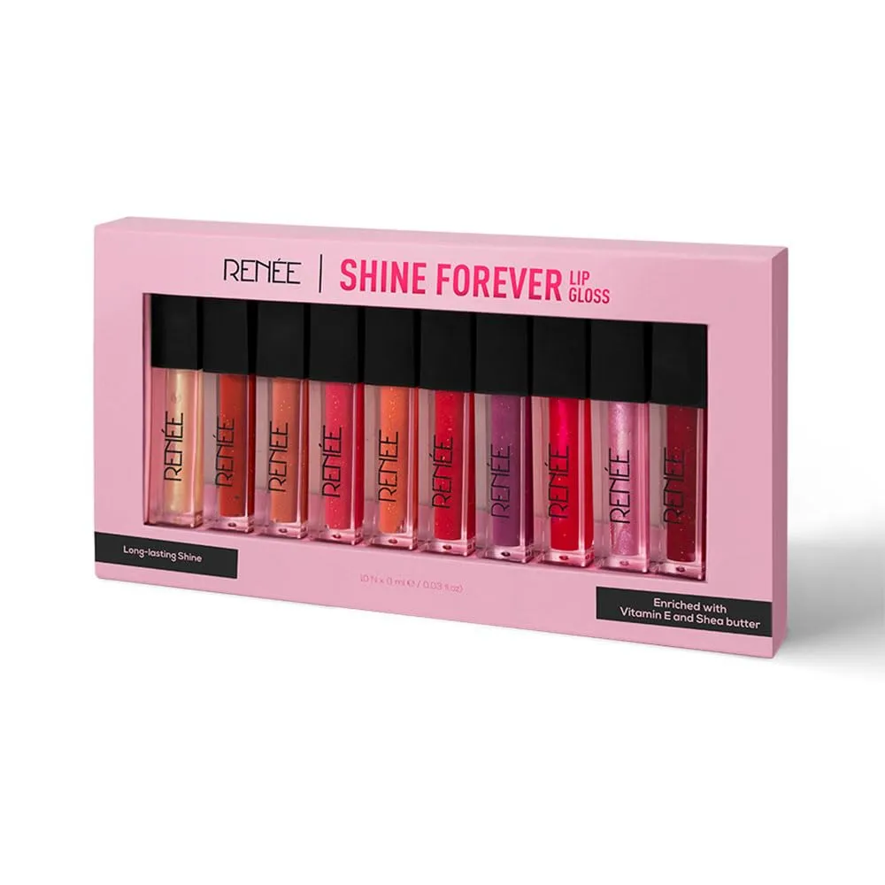 RENEE Shine Forever Lip Gloss Combo of 10 l Non-Sticky, Hydrating, Nourishing l Long-lasting, Smooth, Moisturizing Effect l Shea Butter & Vitamin E Infused l Travel Friendly l Ideal Gifting