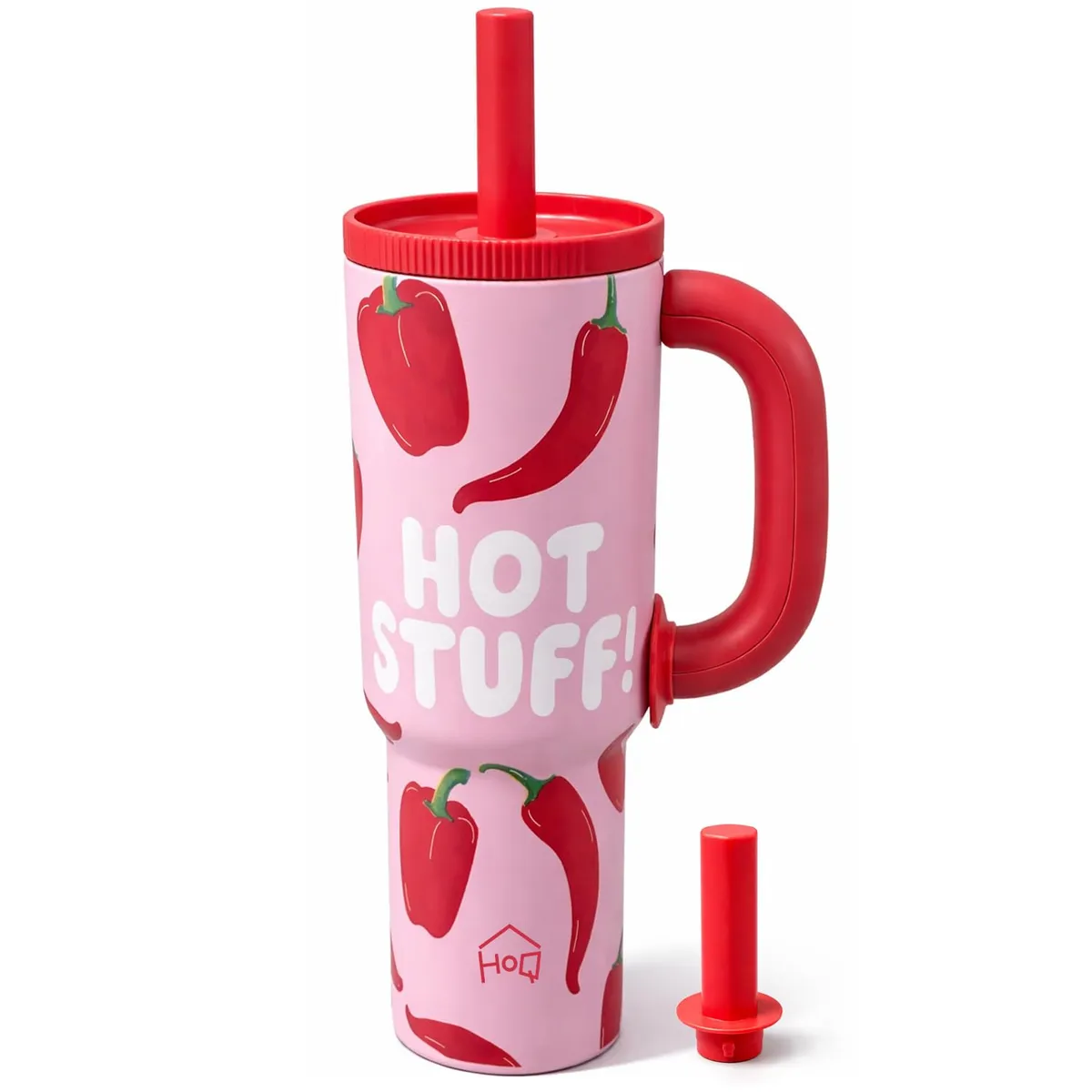 House of Quirk 1200ml Stainless Steel Tumbler with Handle, Straw & Straw Cap | Leakproof Water Bottle | Large Capacity Travel Mug (Hot Stuff)