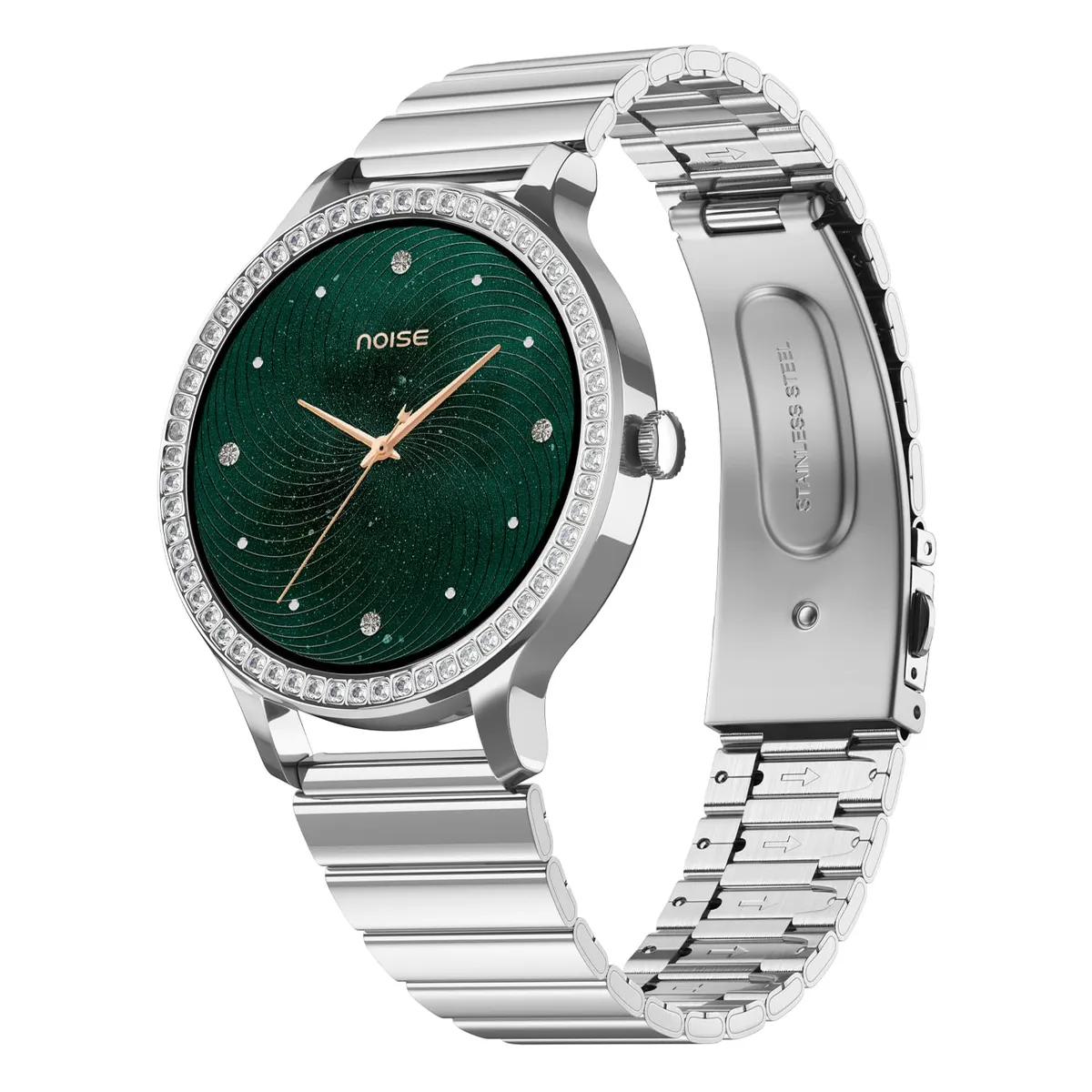 Noise Diva Araya Smartwatch for Women with AMOLED Display (850 Nits), 60 Precision-Set Crystals, Cycle Tracking, Skin Temperature, SOS with Live Location, 100+ Watch Faces - Iconic Silver 