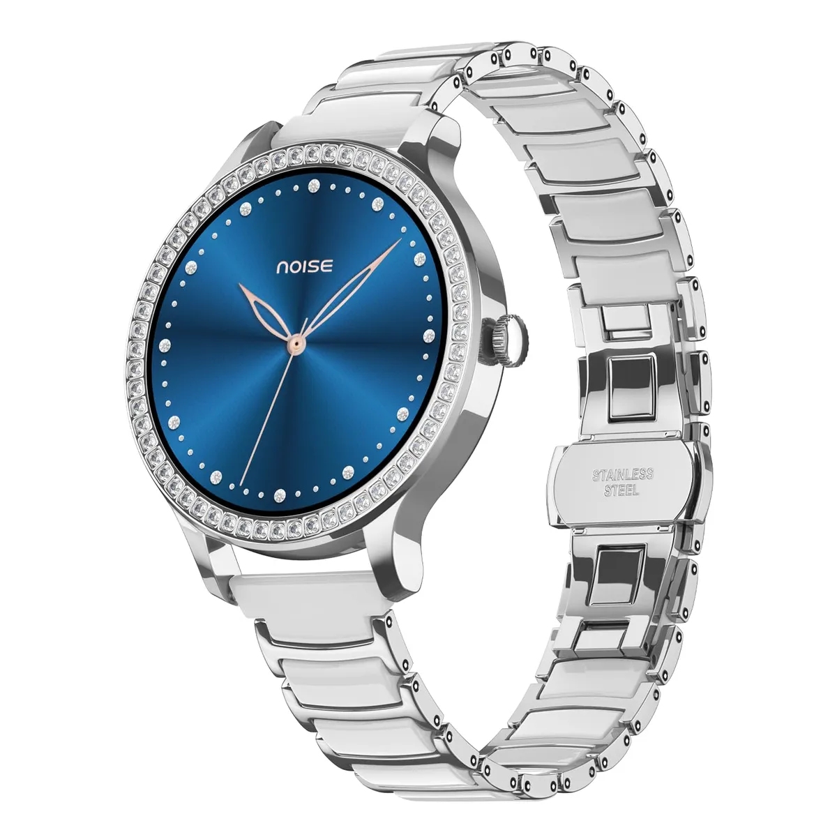 Noise Diva Araya Smartwatch for Women with AMOLED Display (850 Nits), 60 Precision-Set Crystals, Cycle Tracking, Skin Temperature, SOS with Live Location, 100+ Watch Faces - Frost Silver Ceramic