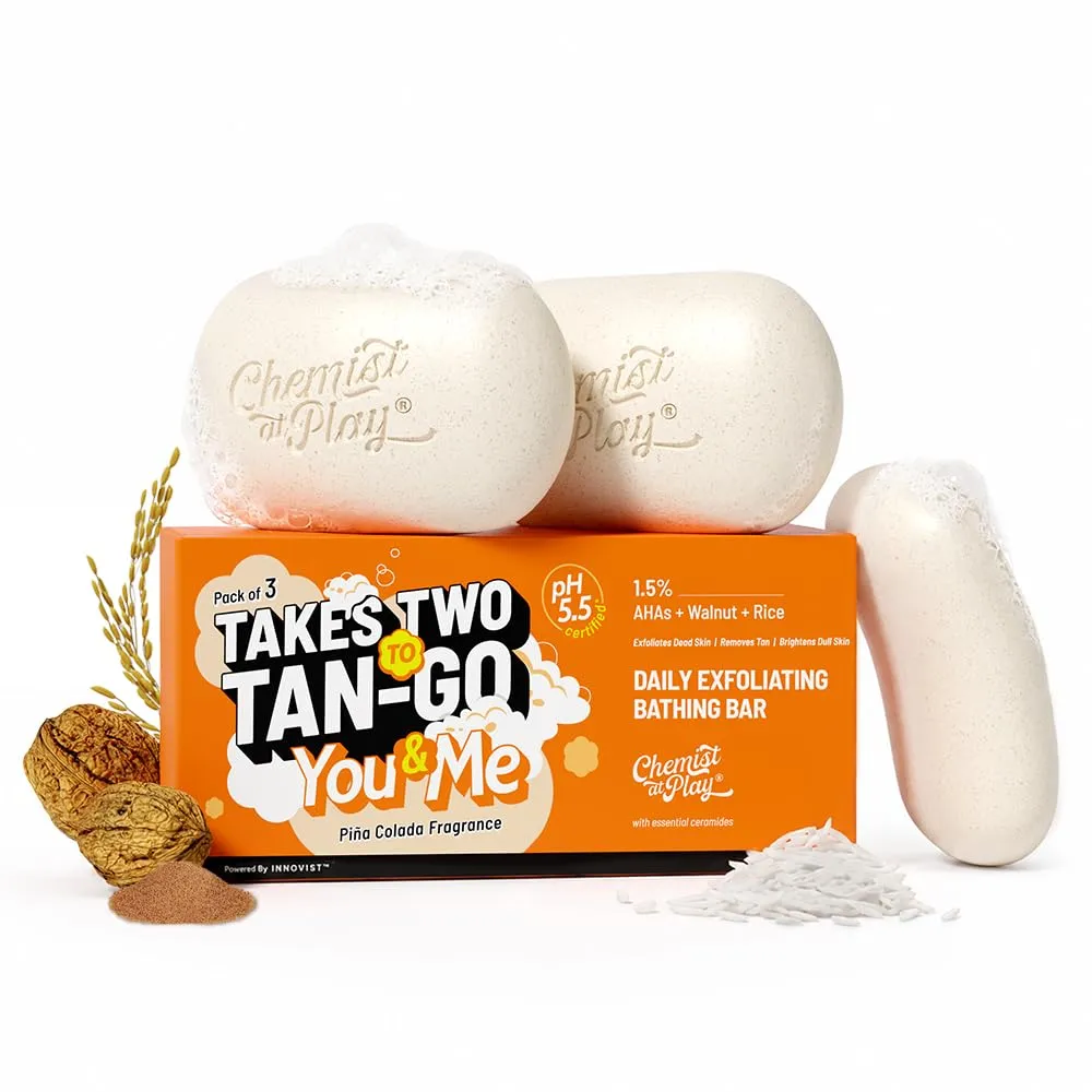 Chemist At Play Daily Exfoliating Bathing Bar | Brightening Bath Soap with 1.5% AHA + Walnut + Rice | Detans & Brightens Dull Skin | pH 5.5 Certified | With Piña Colada Fragrance | 100g | Pack of 3
