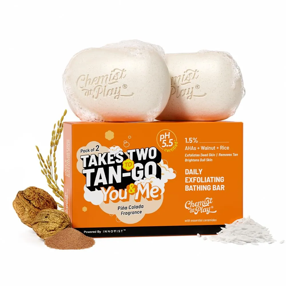 Chemist At Play Daily Exfoliating Bathing Bar | Brightening Bath Soap with 1.5% AHA + Walnut + Rice | Detans & Brightens Dull Skin | pH 5.5 Certified | With Piña Colada Fragrance | 100g | Pack of 2