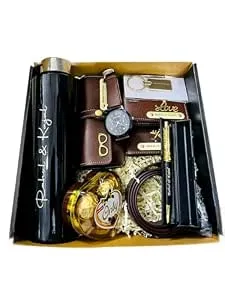 Customized Men's Gift Combo – Name Engraved Steel Bottle, Leather Wallet, Belt, Watch, Keychain, Sunglasses Cover, Passport Holder, Chocolate, Greeting Card – Ideal for Husband, Brother, Boyfriend