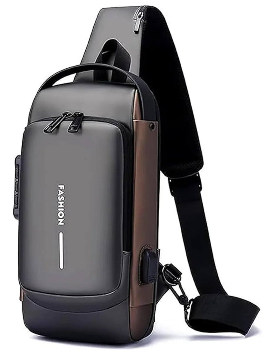 TEKCOOL Sling Bag for Men Stylish Crossbody Backpack for Men & Women, Anti-Theft Chest Bag with USB Charging Port, Messenger Bags, Casual Shoulder Bag | Grey Golden