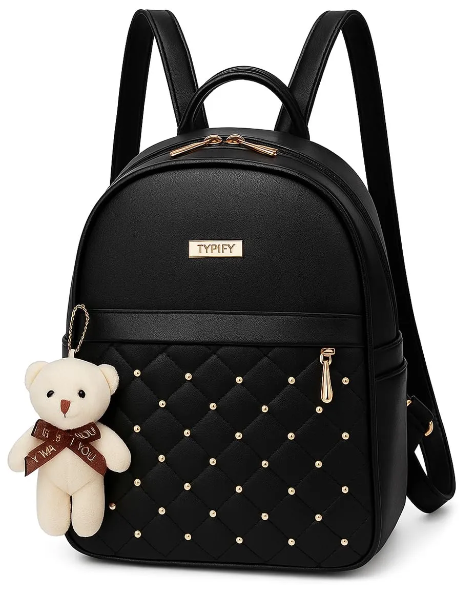 TYPIFY® Teddy Keychain Faux Leather Backpack for Women – Stylish, Lightweight, Spacious Bag for School, Office, College & Travel – Trendy Everyday Use Backpack for Girls | Gift for Her