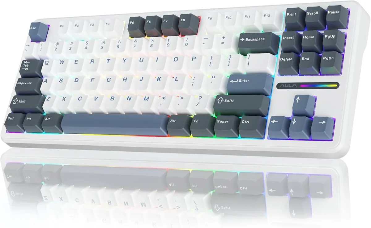 AULA F87 Wireless Mechanical Keyboard | 75% TKL Gasket Custom Hot Swappable, 2.4Ghz/Type-C/Bluetooth Gaming | Pre-lubed Switch RGB Backlit (Smoke Blue, GrayWood Switch)