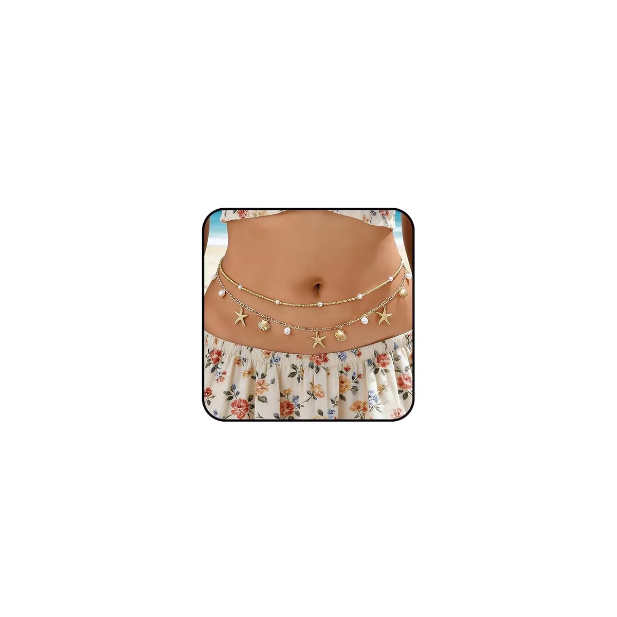 Gold Plated Starfish Seashell Waist Chain for Women Adjustable Layered Belly Chain Pearl Beaded Bohemian Body Chains Bikini Waist Jewelry Beach Summer Vacation Festival Boho Accessories