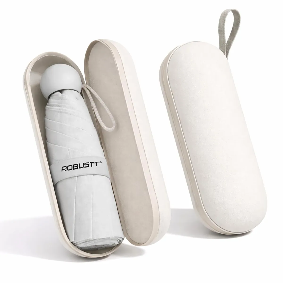 Robustt Capsule Mini Foldable Travel Umbrella | Beige | UPF 50+ UV & Rain Protection | 3 Fold Compact | for Women, Men & Kids | Windproof, Waterproof, Pocket-Size with Storage Case