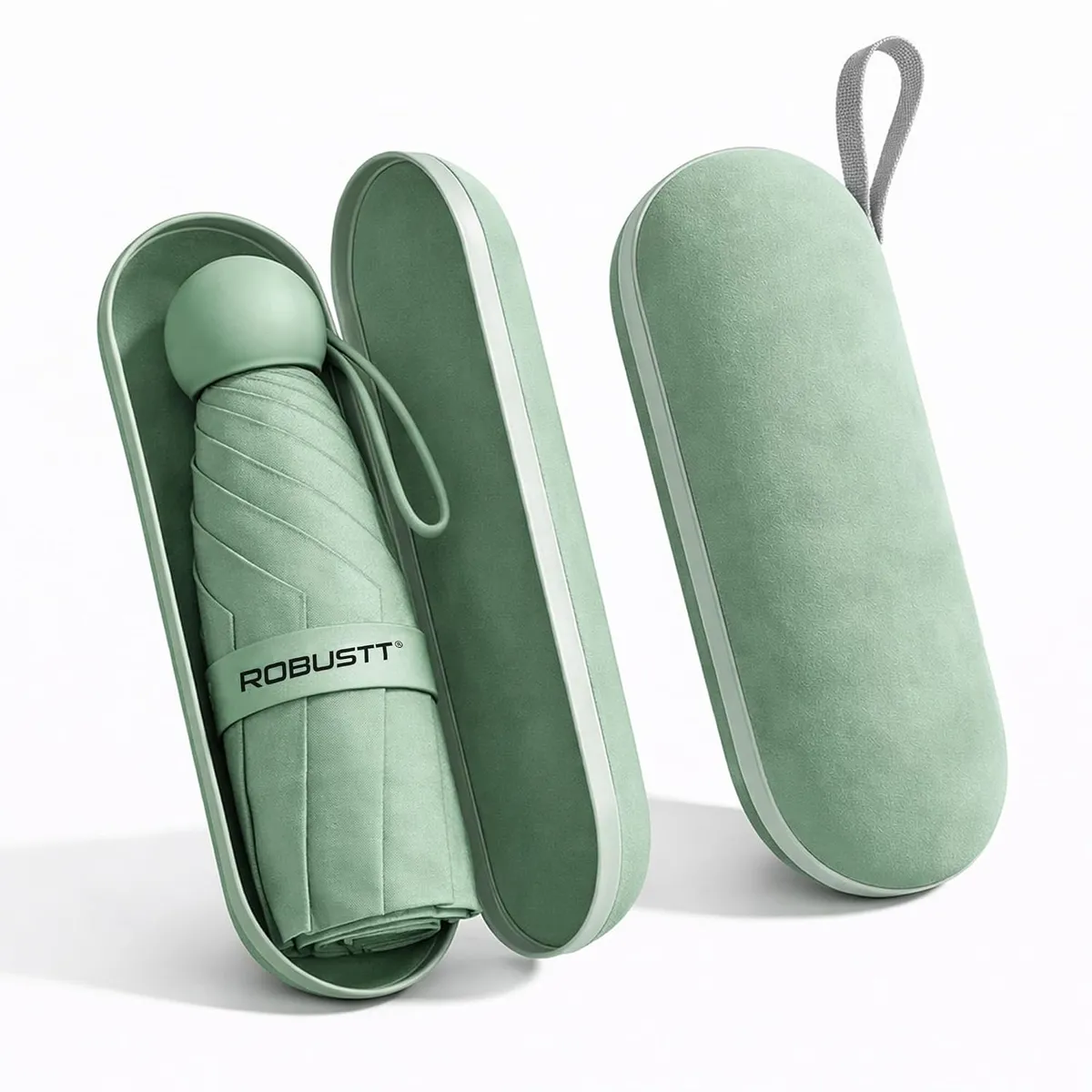 Robustt Capsule Mini Foldable Travel Umbrella | Light Green | UPF 50+ UV & Rain Protection | 3 Fold Compact | for Women, Men & Kids | Windproof, Waterproof, Pocket-Size with Storage Case