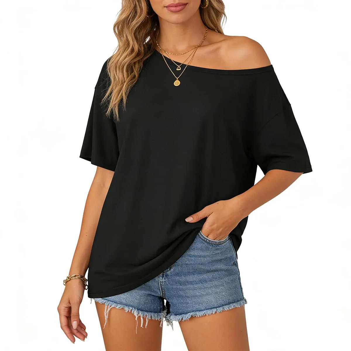 SANNIDHI® Women's Off Shoulder Oversized T Shirt, Breathable Lightweight Polyester Silk Loose Batwing Sleeve Summer Top for Casual Daily Wear-L