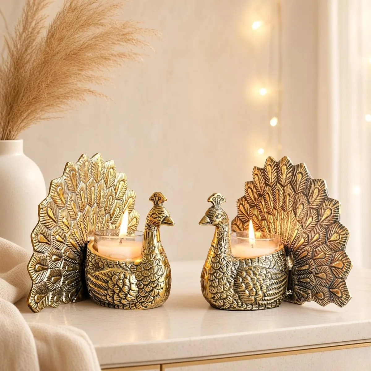 BEHOMA Metal Dancing Peacock Figurine Pair for Home Decor, Gold - Set of 2