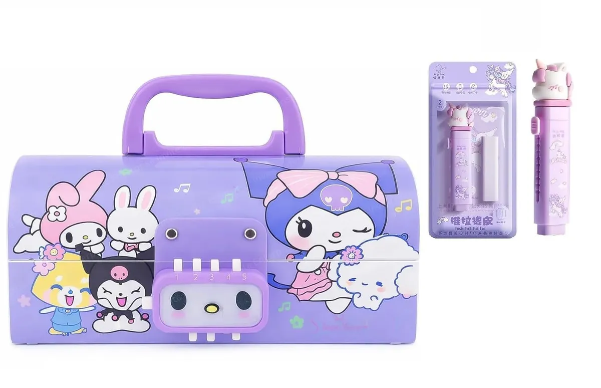 Kawaii Stationery Combo Set for Girls | Kawaii Pencil Case Pouch with Zipper & Push Pull Eraser with Refills Back to School Supplies Gift for Kids (Kuromi Purple Pencil Box Combo)