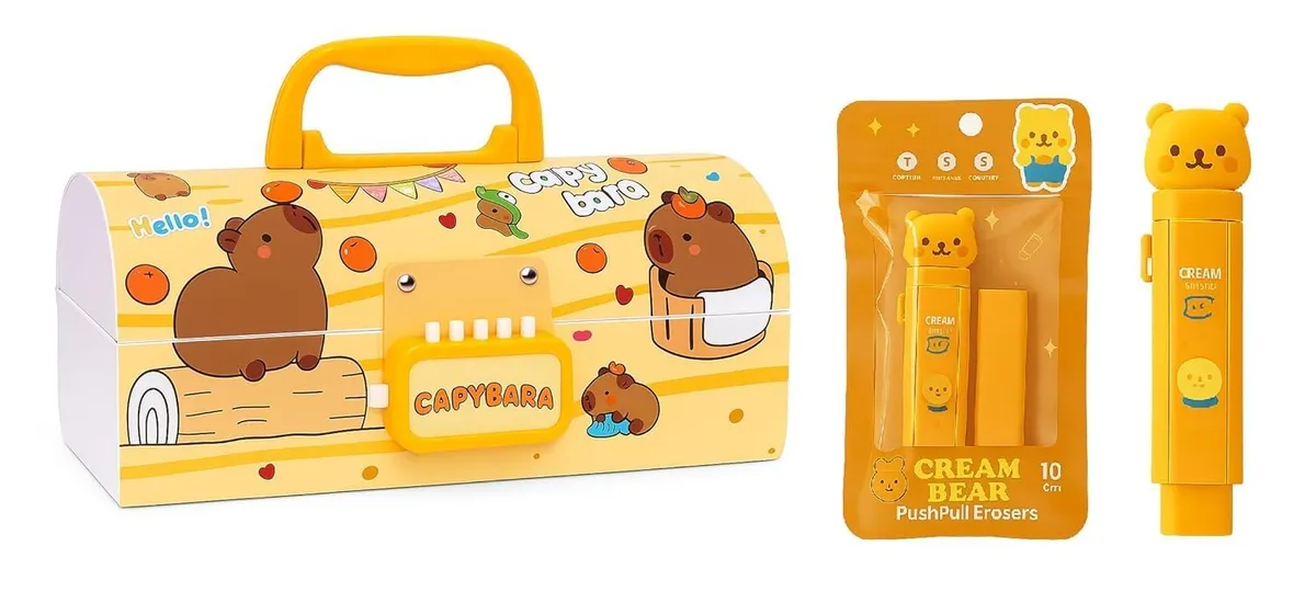 Kawaii Stationery Combo Set for Girls | Kawaii Pencil Case Pouch with Zipper & Push Pull Eraser with Refills Back to School Supplies Gift for Kids (Capybara Pencil Box Combo)
