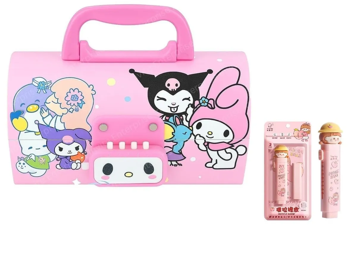 Kawaii Stationery Combo Set for Girls | Kawaii Pencil Case Pouch with Zipper & Push Pull Eraser with Refills Back to School Supplies Gift for Kids (Kuromi Pink Pencil Box Combo)