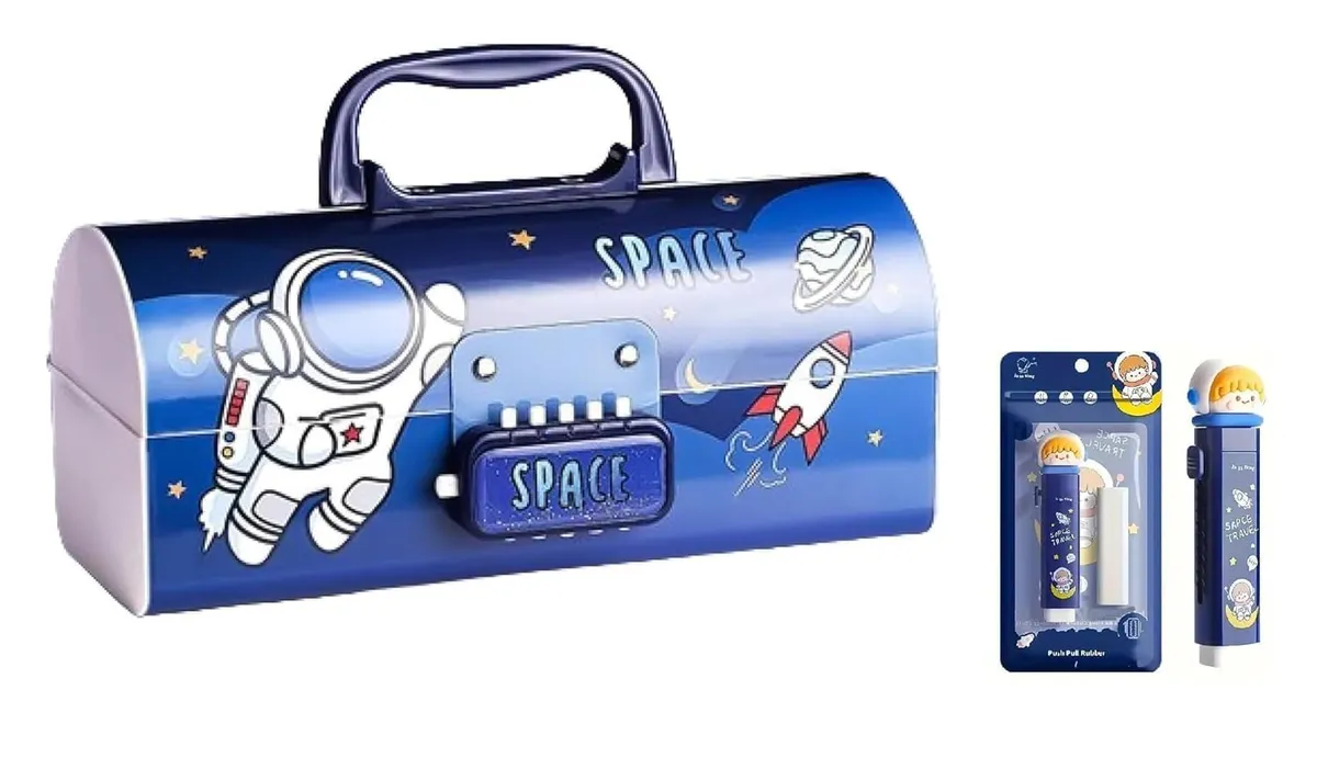 Kawaii Stationery Combo Set for Girls | Kawaii Pencil Case Pouch with Zipper & Push Pull Eraser with Refills Back to School Supplies Gift for Kids (Space Blue Pencil Box Combo)