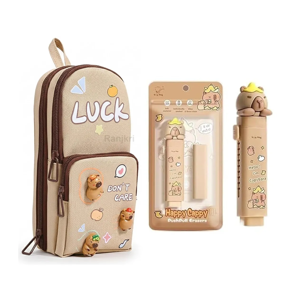 Kawaii Stationery Combo Set for Girls | Kawaii Pencil Case Pouch with Zipper & Push Pull Eraser with Refills Back to School Supplies Gift for Kids (Luck Pencil Pouch Combo)