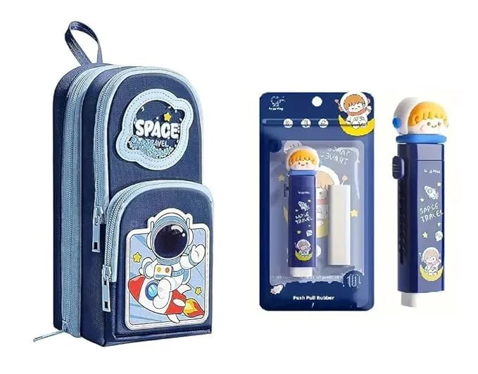 Kawaii Stationery Combo Set for Girls | Kawaii Pencil Case Pouch with Zipper & Push Pull Eraser with Refills Back to School Supplies Gift for Kids (Space Travel Pouch +Eraser)