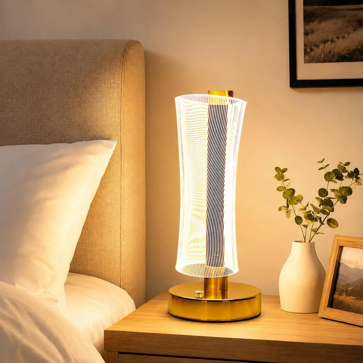 One94Store 3D Acrylic LED Night Lamp with Gold Base – Starry Sky Waist Design 2, Touch Control Cordless Decorative Table Light for Bedroom, Living Room & Home Decor (Pack of 1, Plastic Body)