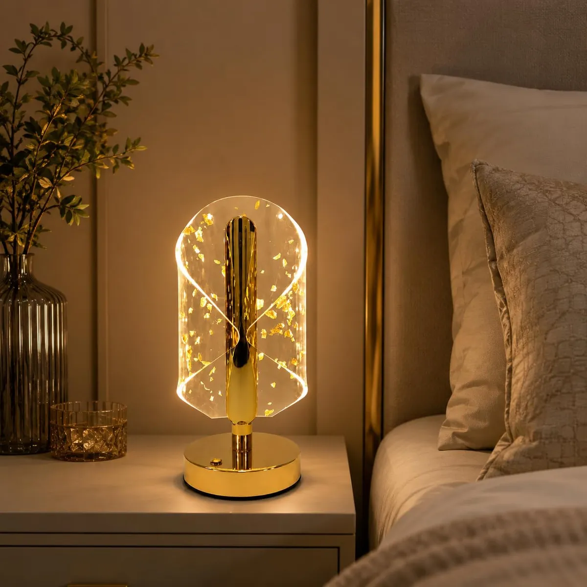 One94Store Modern Gold Crystal LED Table Lamp with Transparent Acrylic Shade & Golden Flake Design, Touch Switch Battery Powered Warm White Decorative Night Light for Bedroom, Living Room, Gifting