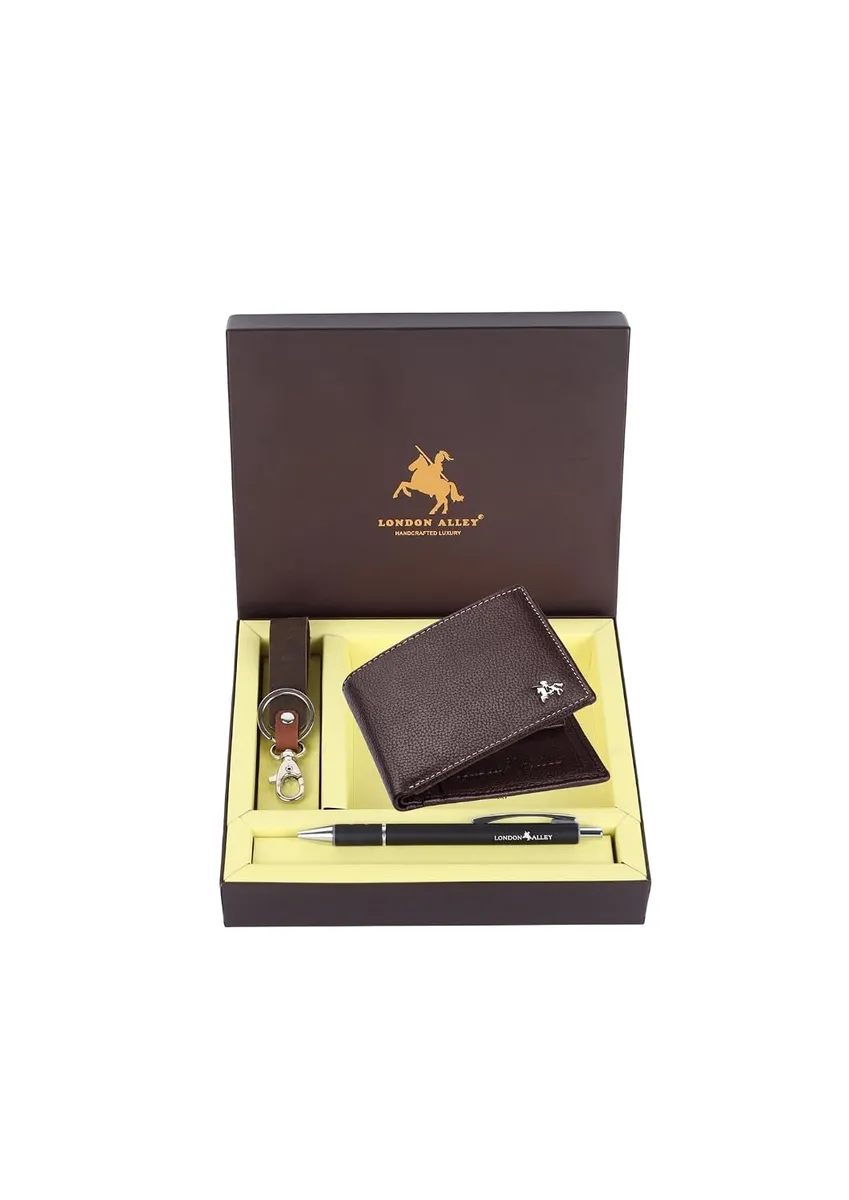 LONDON ALLEY Kevin Classic Brown Leather Wallet, Keyring & Pen Combo Gift Set for Men | Gift Hamper for Men