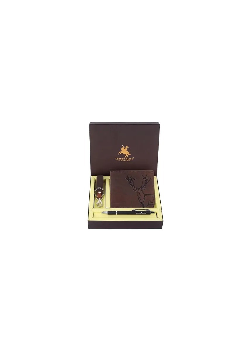 LONDON ALLEY Jason Vintage Brown Leather Wallet, Keyring & Pen Combo Gift Set for Men | Gift Hamper for Men