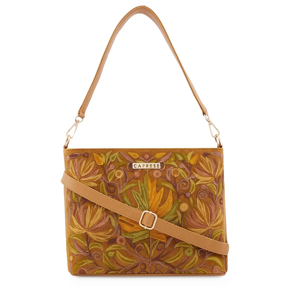 Caprese Siji Tresana Large Crossbody Bag for Women | Kashida Embroidery Sling with Adjustable & Detachable Strap, Secured Zip Closure | Stylish & Spacious Handbag for Everyday Use & Travel
