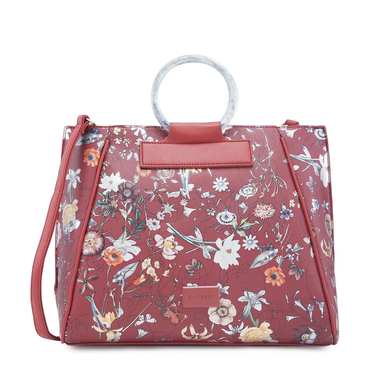 Caprese Fiorella Satchel, Burgundy-Large | Stylish Floral Printed Shoulder Bag for Women with Adjustable Sling Strap | Easy Back Access Pocket & Spacious | Perfect for Office & Daily Essentials