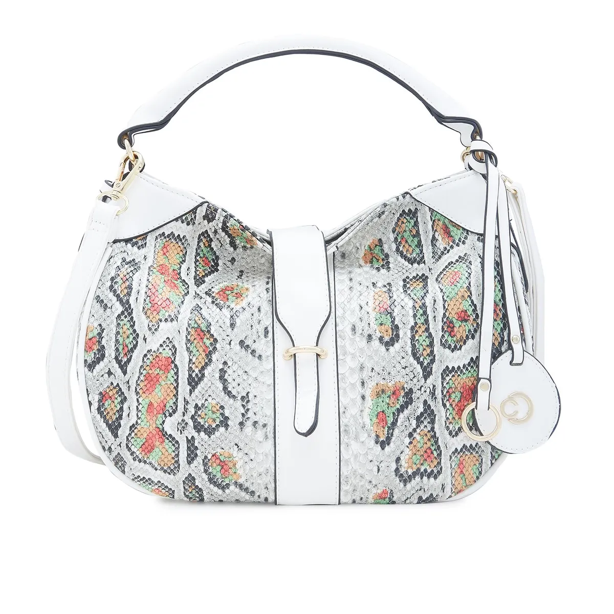 Caprese Archie Hobo White Snake Print Handbag with Adjustable Sling Strap, Perfect for Office, Daily use and Travel