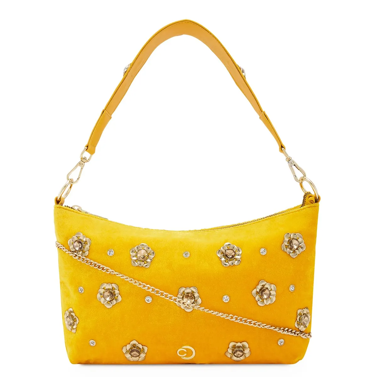 Caprese Sapphire Small Hobo Bag for Women | Embroidery Velvet Sling Bag with Decorative Metal Flowers & Detachable Chain | Ideal for Festive Occasions