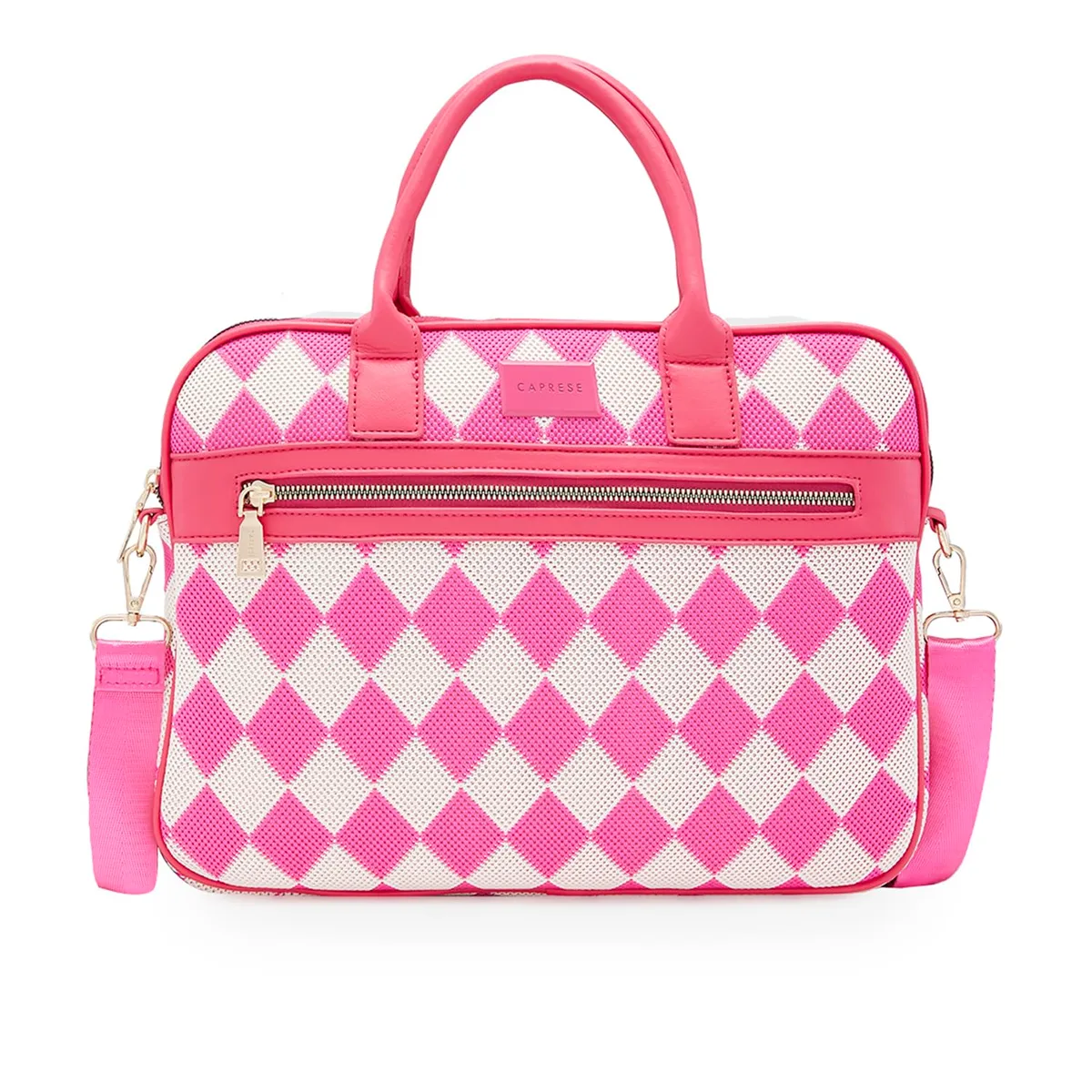 Caprese Checker Laptop Bag, Large | Stylish Office Handbag for Women with Laptop Compartment with Adjustable & Detachable Sling Strap | Secure Zip Closure | Ideal for Office, Daily Use (Fuchsia)