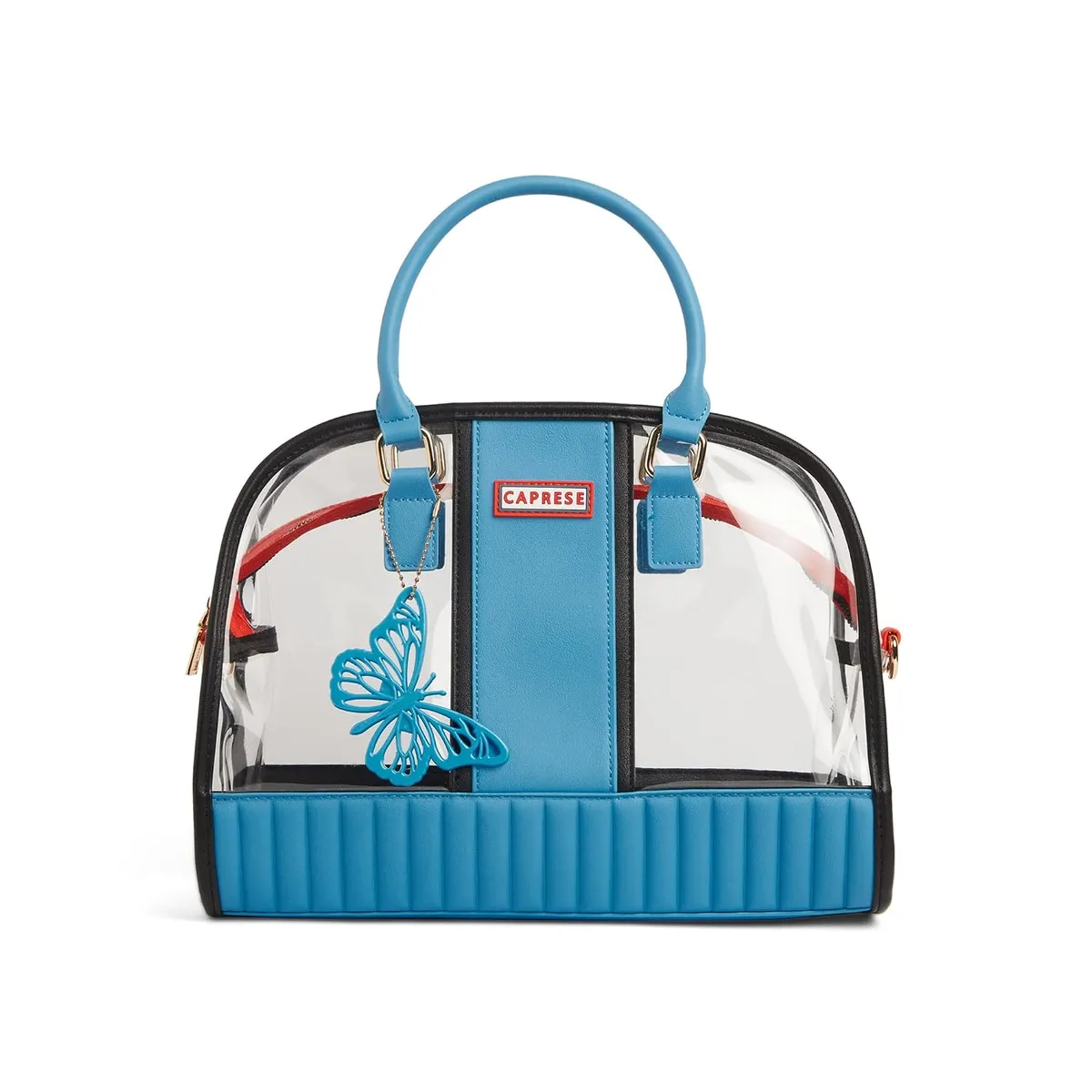 Caprese Madonna Satchel Bag Large | Stylish Transparent Handbag with Butterfly Charm for Women with Adjustable & Detachable Sling Strap, Top-Handles & Zip Closure | Perfect for Casual Use (Blue)