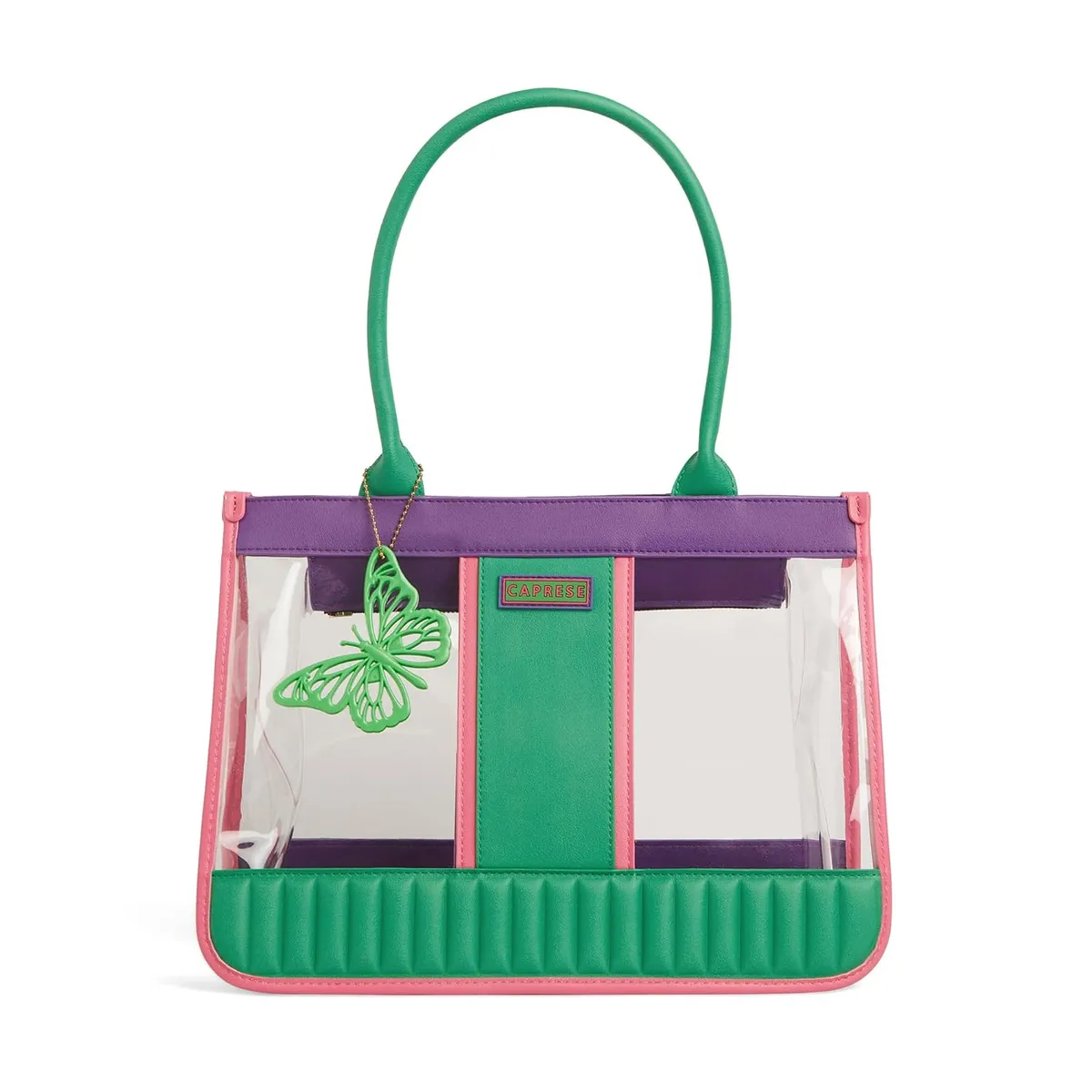Caprese Madonna Laptop Tote Bag Large | Vibrant Transparent Handbag with Adjustable & Detachable Sling Strap, Secure Zip Closure | Shoulder Bag | Perfect for Office & Casual Use (Green & Purple)
