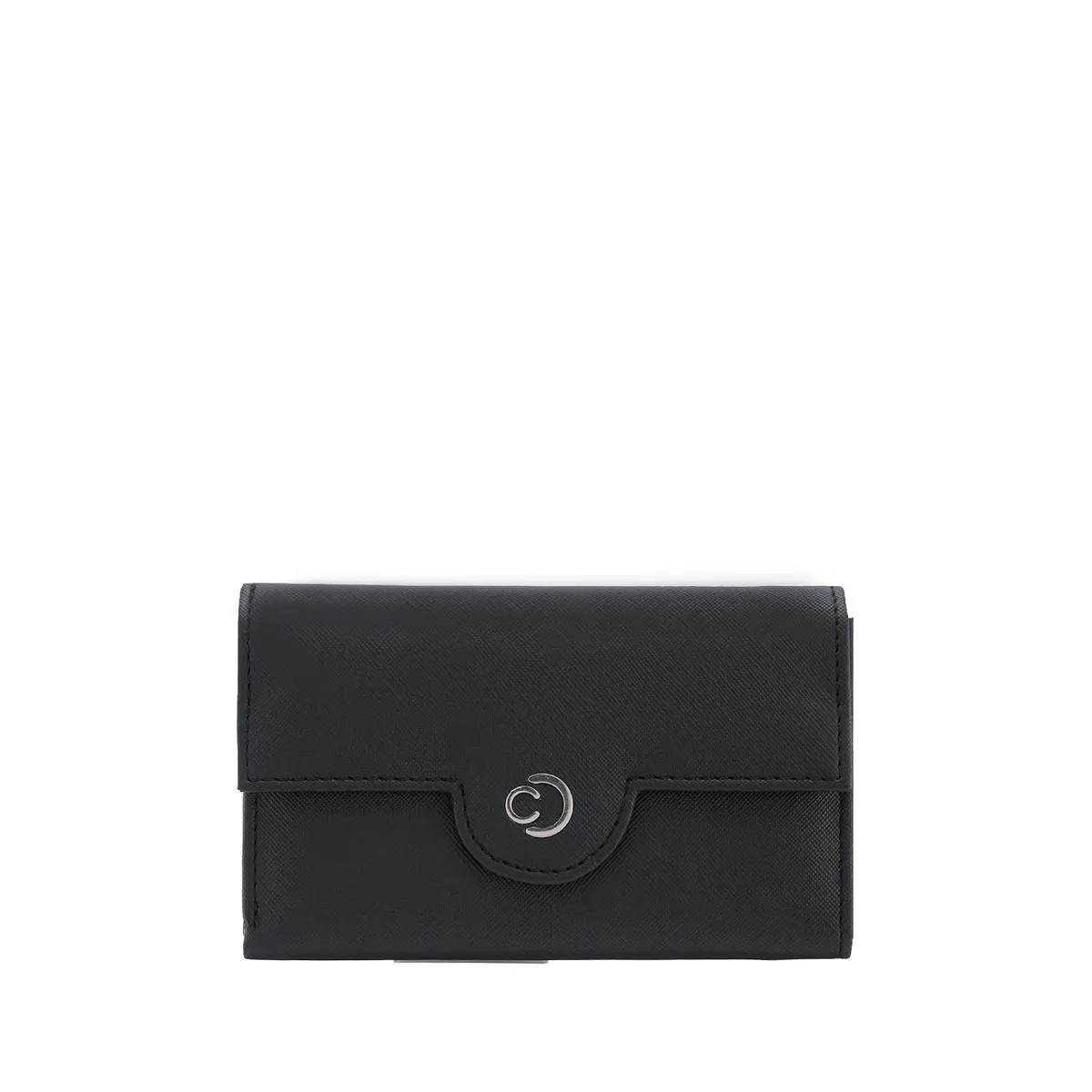 Caprese Carol Medium Textured Flap Wallet for Women | Elegant Handheld Multi-Slot Purse with 8 Card Holder Slots | Premium Designer Wallet with Secure Magnetic Button Closure (Black)