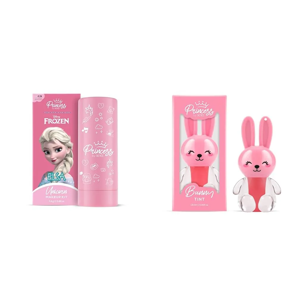 Princess by RENEE Frozen Unicorn Makeup & Bunny Lip Tint Combo for Pre-Teen Girls | Elsa Makeup Kit with Matte & Shimmer Eyeshadows, Lip Butter, Lip & Cheek Tint | Lightweight, Cruelty-Free|Pack of 2